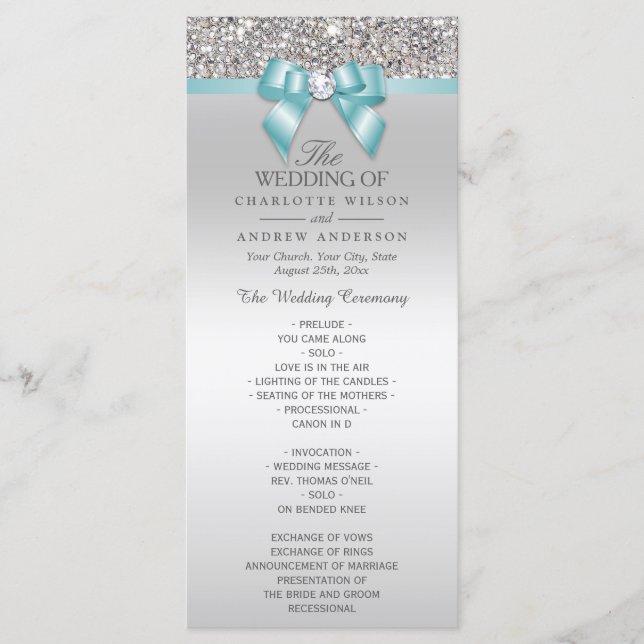 Programme Séquins d'argent Light Turquoise Bow Wedding Progr (Devant)