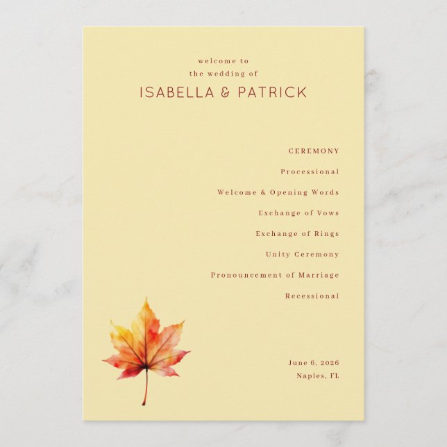 Programme Serene Beige Autumn Leaf Wedding Ceremony (Devant)