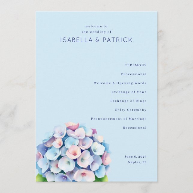 Programme Serene Blue Floral Wedding Ceremony (Devant)