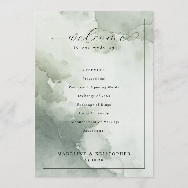 Programme Serene Green Watercolor Wedding Ceremony Schedule (Devant)