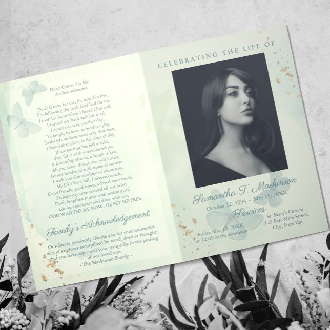 Programme Services funéraires aux papillons d'aquarelle vert (Créateur téléchargé)