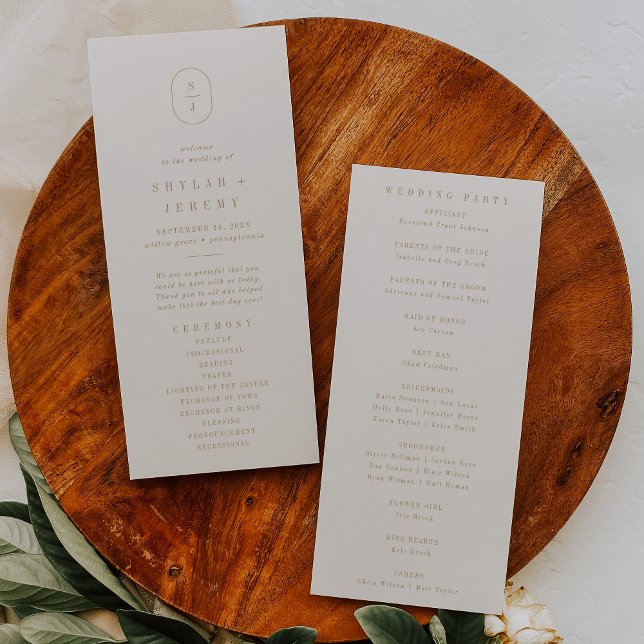 Programme SHYLAH Gold Crème Monogramme Vintage Mariage simpl (SHYLAH Gold Cream Monogram Vintage Simple Wedding Program)
