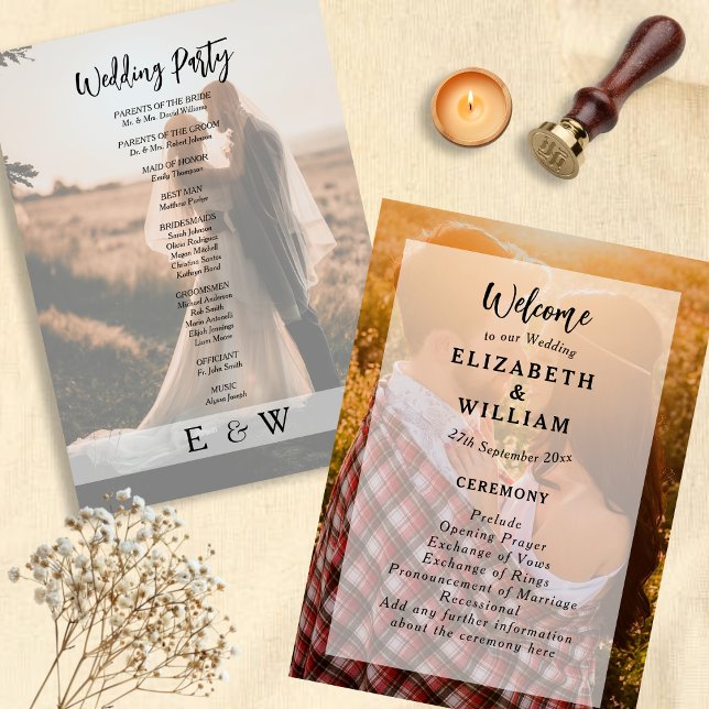 Programme Simple Elegant blanc superposition Couple Photo Ma (Simple Elegant White overlay Couple Photo Wedding Program)