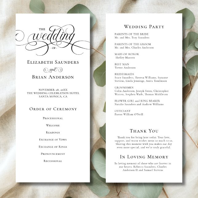 Programme Simple Élégant Mariage Noir et Blanc (Simple Elegant Minimalistic Black and White Wedding Program with Order of Ceremony, Wedding Party.)