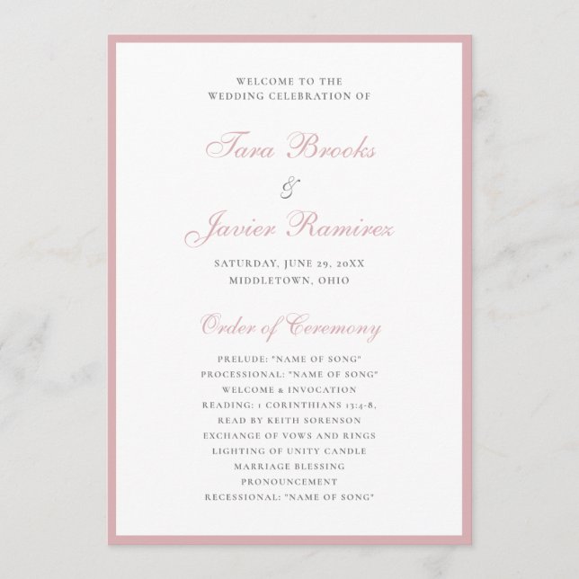 Programme Simple Élégant Rose Poussiéreux Mariage Formel (Devant)