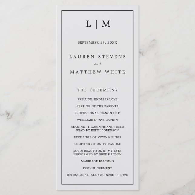 Programme Simple Monogramme Gris Clair Mariage Élégant (Devant)