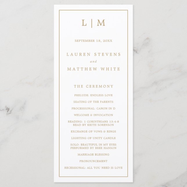 Programme Simple Monogramme Or Élégant Mariage Antique (Devant)