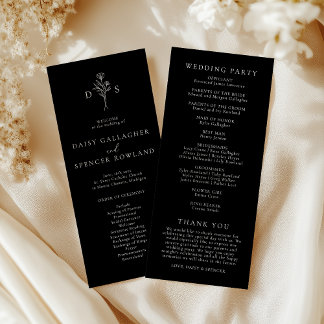 Programme Simple Noir Moderne Monogramme Floral Grand Mariag