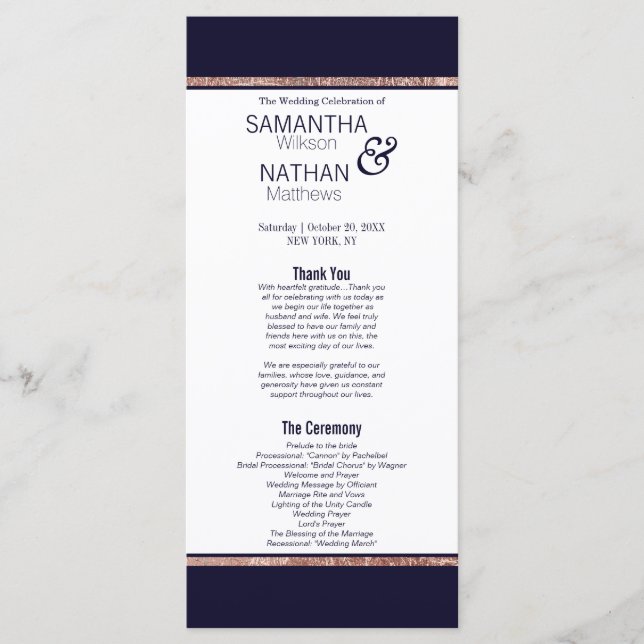 Programme Simple Rose Gold Lined Marine Blue Wedding Program (Devant)