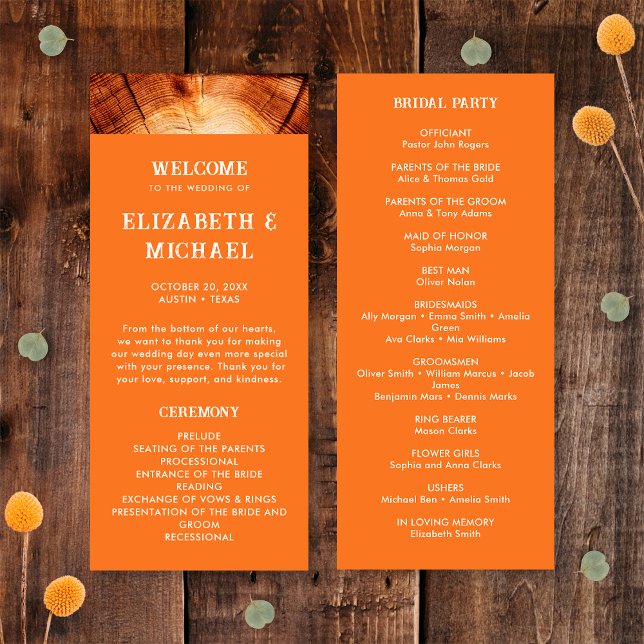 Programme Simple tranche de bois rustique coupé pour mariage (Front/Back)
