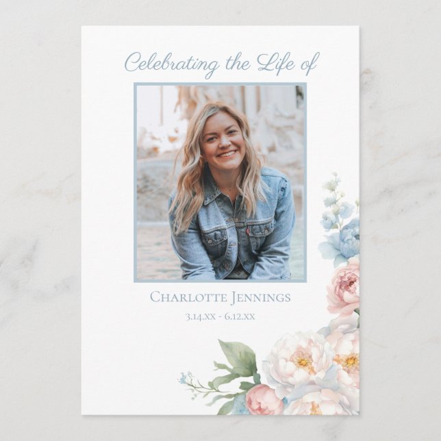 Programme Soft Blue Floral Funeral Memorial Ordre de service (Devant)