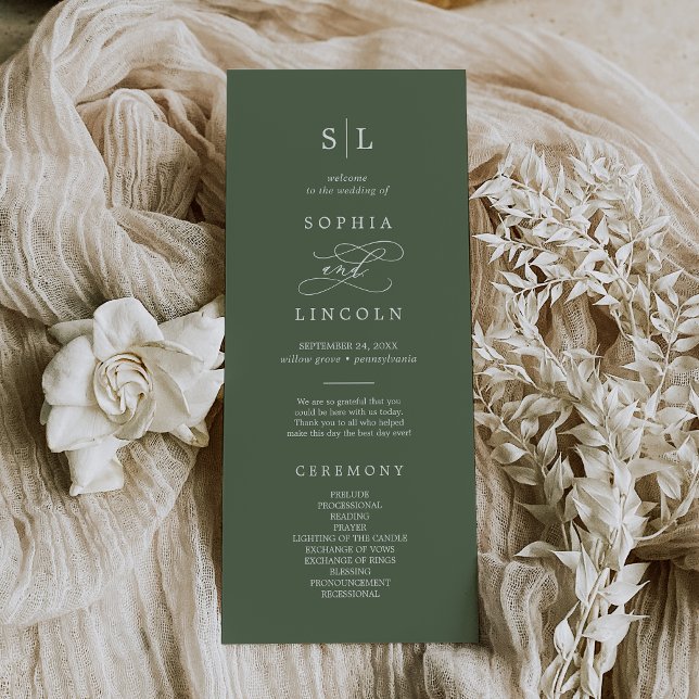 Programme SOPHIA Mariage de monogramme vert d'olive des bois (SOPHIA Woodland Olive Green Monogram Wedding Program)