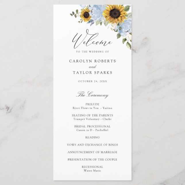 Programme Sunflower Dusty Blue Floral Élégant Mariage Script (Devant)