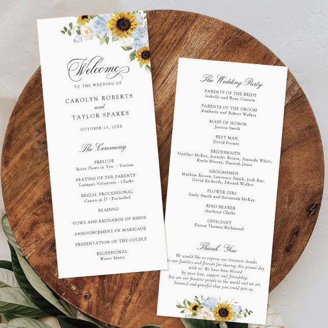 Programme Sunflower Dusty Blue Floral Rustic Wedding Program (Créateur téléchargé)
