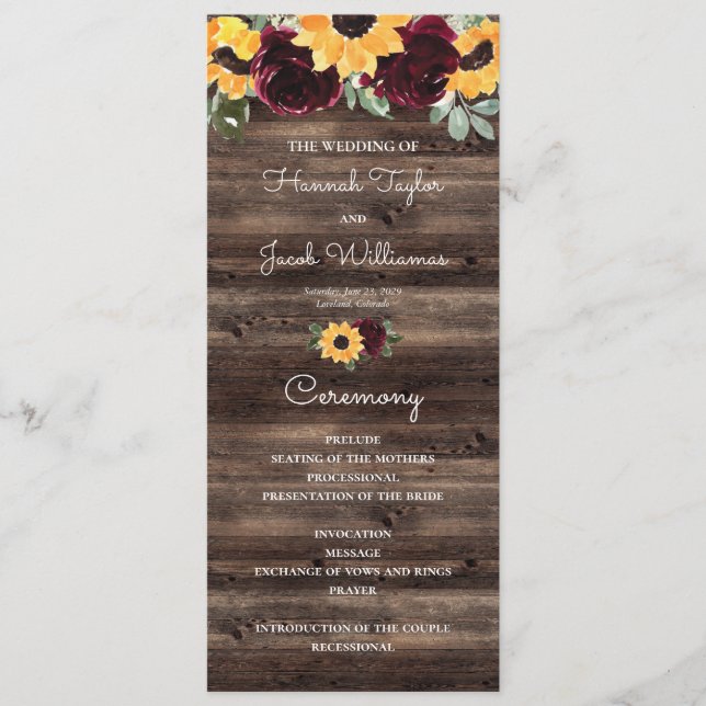 Programme Sunflower et Rose Rustic Wood Wedding Program (Devant)