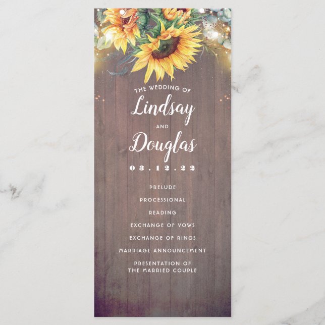 Programme Sunflowers Rustic Country Mariages de automne Prog (Devant)
