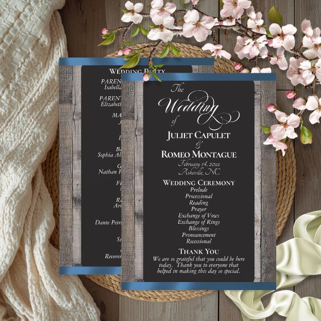 Programme Tableau noir sur bois et ruban bleu - Mariage (Créateur téléchargé)