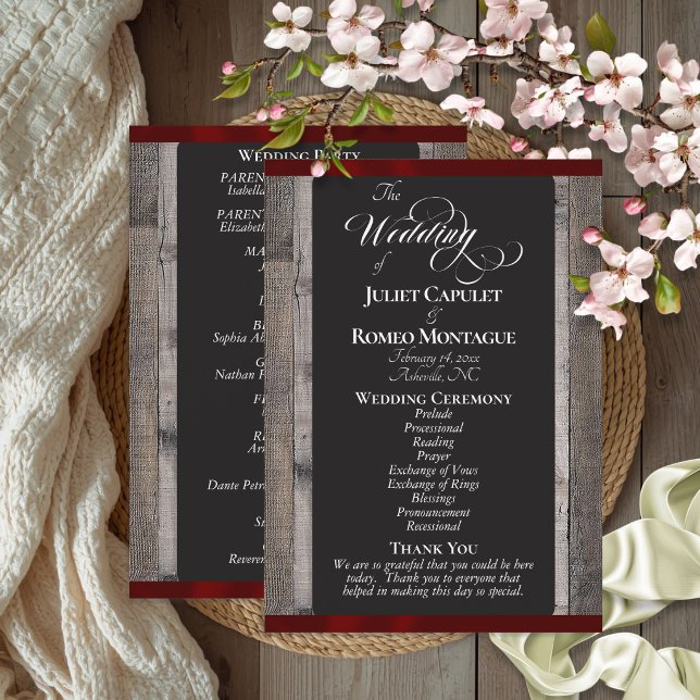 Programme Tableau noir sur bois et ruban bordeaux - Mariage (Créateur téléchargé)