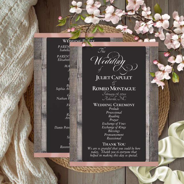 Programme Tableau noir sur bois et ruban or rose - Mariage (Créateur téléchargé)