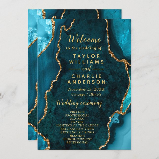 Programme Teal Blue and Gold Agate Wedding Program (Devant / Derrière)