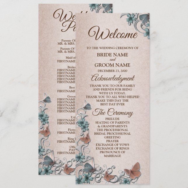 Programme Teal Silver Floral Copper Butterfly Tan Wedding (Devant / Derrière)