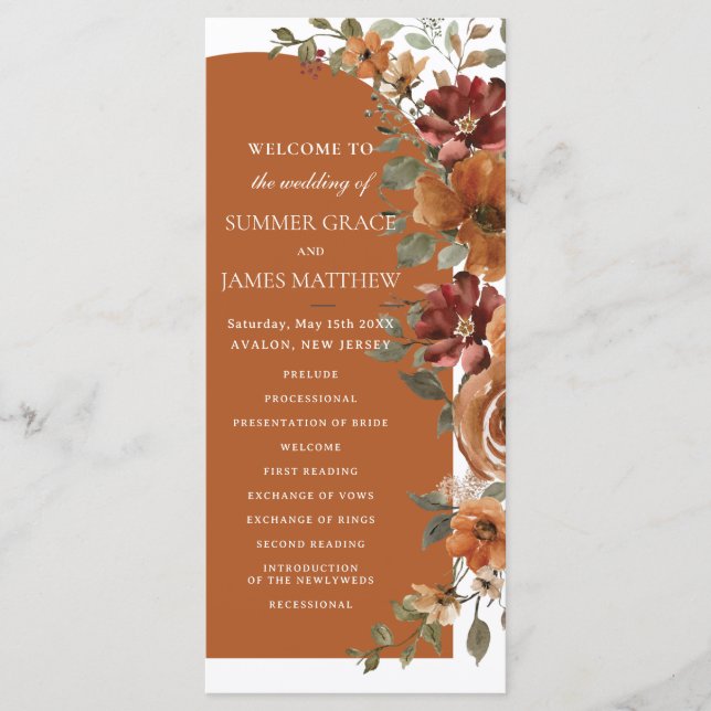 Programme Terracotta Brûlé Orange Rouille Mariage Arc Floral (Devant)