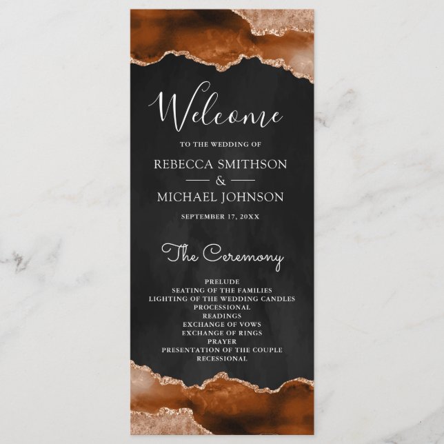 Programme Terracotta Orange Brûlée Agate Marbre Noir Mariage (Devant)