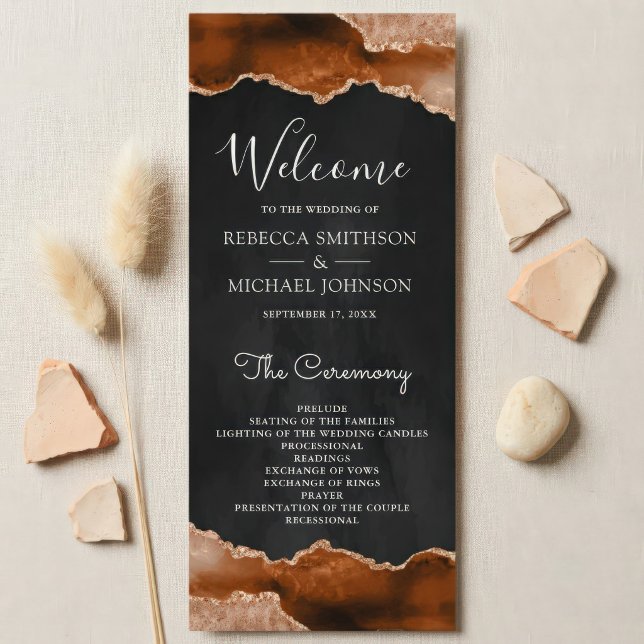 Programme Terracotta Orange Brûlée Agate Marbre Noir Mariage (Créateur téléchargé)