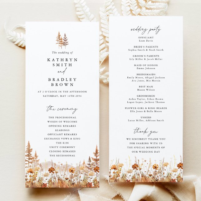 Programme Terracotta Wildflower Mountain Wedding Ceremony (Terracotta wildflower mountain wedding program front and back, elegant boho ceremony program card)
