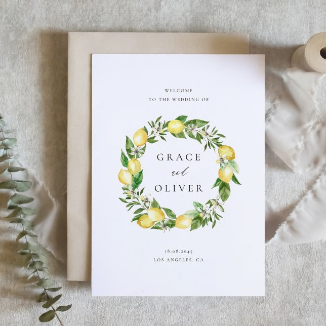 Programme Thème de mariage avec verdure botanique et citrons (Customizable Folded Wedding Program with Watercolor Lemons, Blossoms & Greenery Wreath)