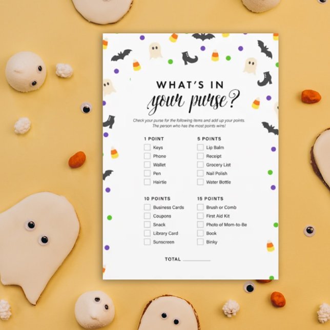 Programme Thème Halloween ce qui est dans votre jeu de douch (What's in your purse?  Halloween baby shower game)