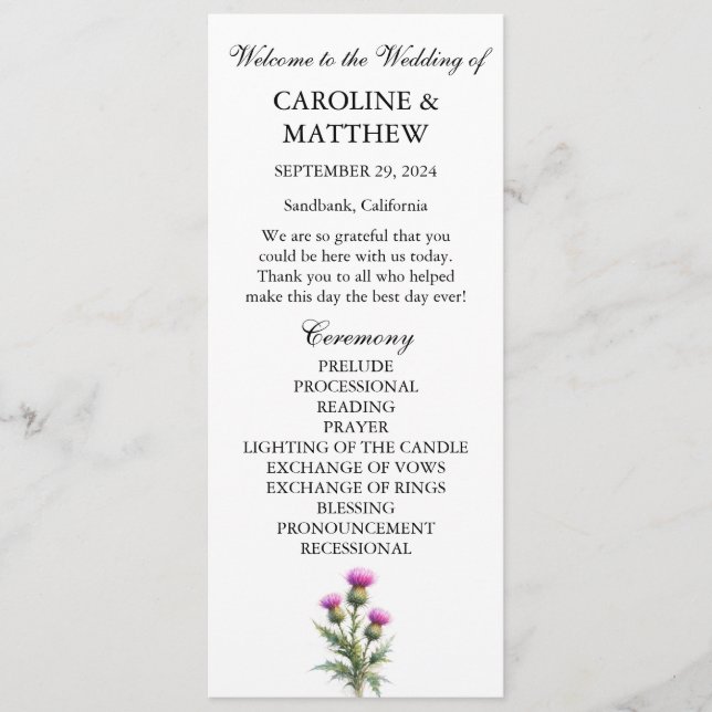 Programme Thistle Purple Floral Elegant Modern Wedding  (Devant)