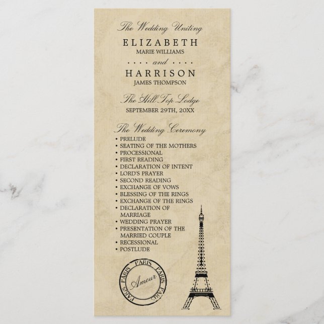 Programme Tour Eiffel vintage Paris Mariage (Devant)
