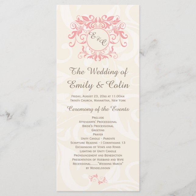 Programme Tourbillons roses sur crème pâle mariage damassé P (Devant)