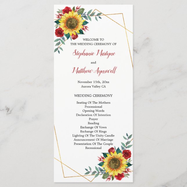 Programme Tournesol rouge Floral Mariage géométrique (Devant)