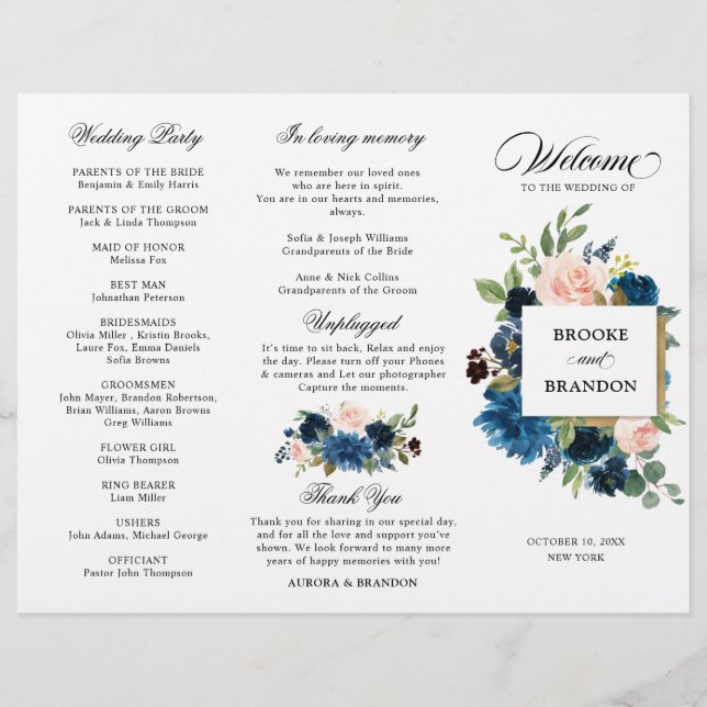 Programme Tri-pli Floral Rose Bleu Marine (Devant)