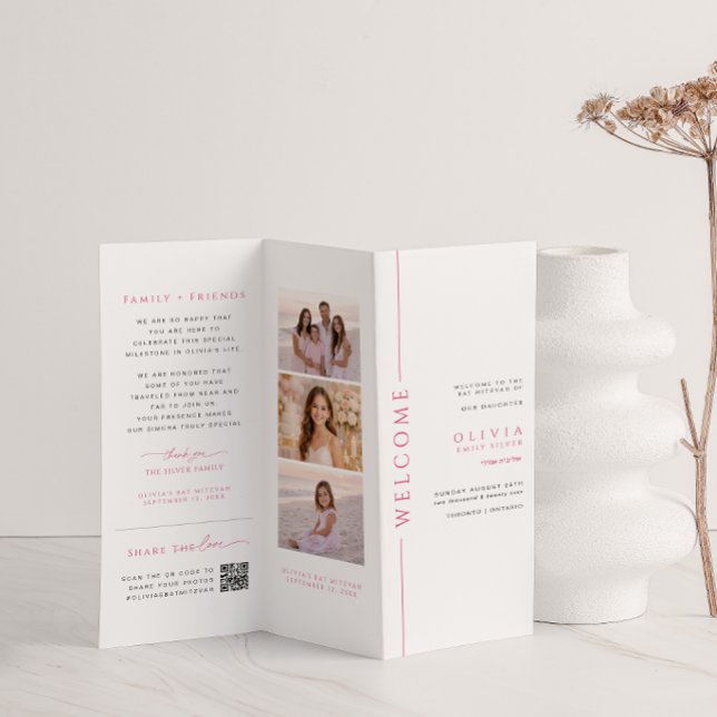 Programme trifold de Bat Mitzvah rose et blanc (Créateur téléchargé)