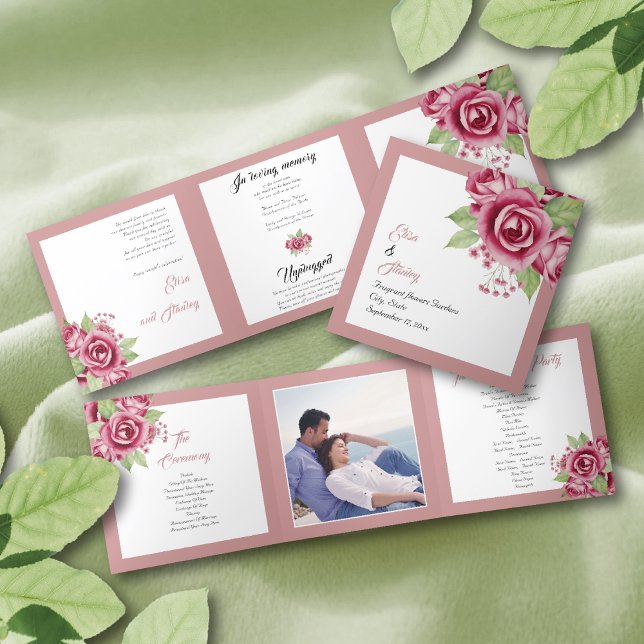 Programme Trois Volets Aquarelle rose pâle fleurs roses photo mariage (Créateur téléchargé)