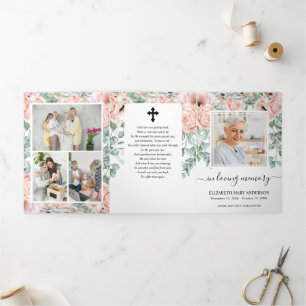 Programme Trois Volets Aquarelle rose Peony Memorial Funérailles florales