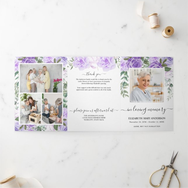 Programme Trois Volets Aquarelle violette Memorial Funérailles florales (Extérieur)