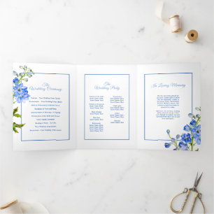 Programme Trois Volets Bleu blanc de delphinium fleurs aquarelle mariage