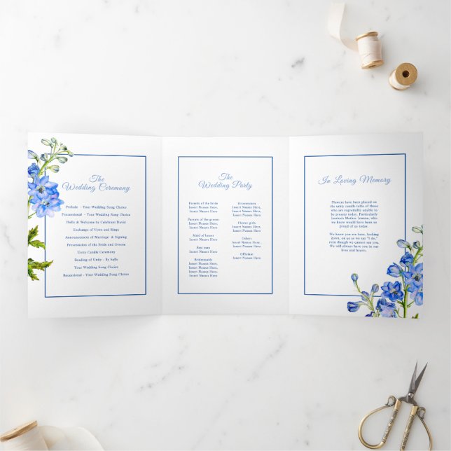 Programme Trois Volets Bleu blanc de delphinium fleurs aquarelle mariage (Intérieur)