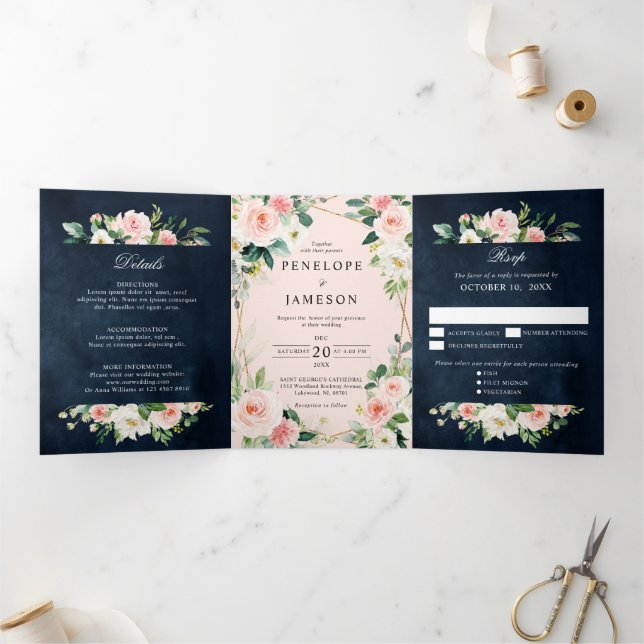 Programme Trois Volets Blush Navy Dusty Bleu Floral Géométrique T (Intérieur)