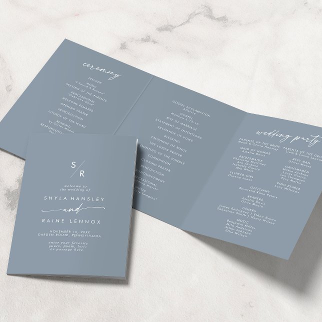 Programme Trois Volets Boho Chic Dusty Mariage Monogramme Bleu (Créateur téléchargé)