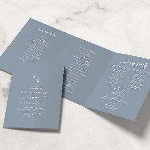 Programme Trois Volets Boho Chic Dusty Mariage Monogramme Bleu