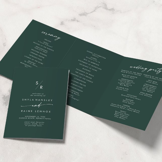 Programme Trois Volets Boho Chic Emerald Vert Monogramme Mariage (Créateur téléchargé)