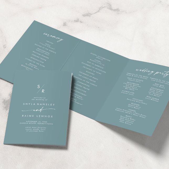 Programme Trois Volets Boho Chic Seafoam Turquoise Mariage Monogramme (Créateur téléchargé)
