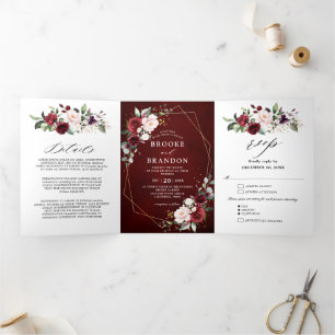 Programme Trois Volets Bourgogne Blush Floral moderne Mariage géométrique