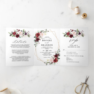 Programme Trois Volets Burgundy Blush Floral moderne Mariage géométrique