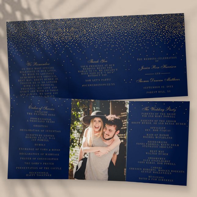 Programme Trois Volets Collection de Mariages Confetti en or bleu marine  (Créateur téléchargé)
